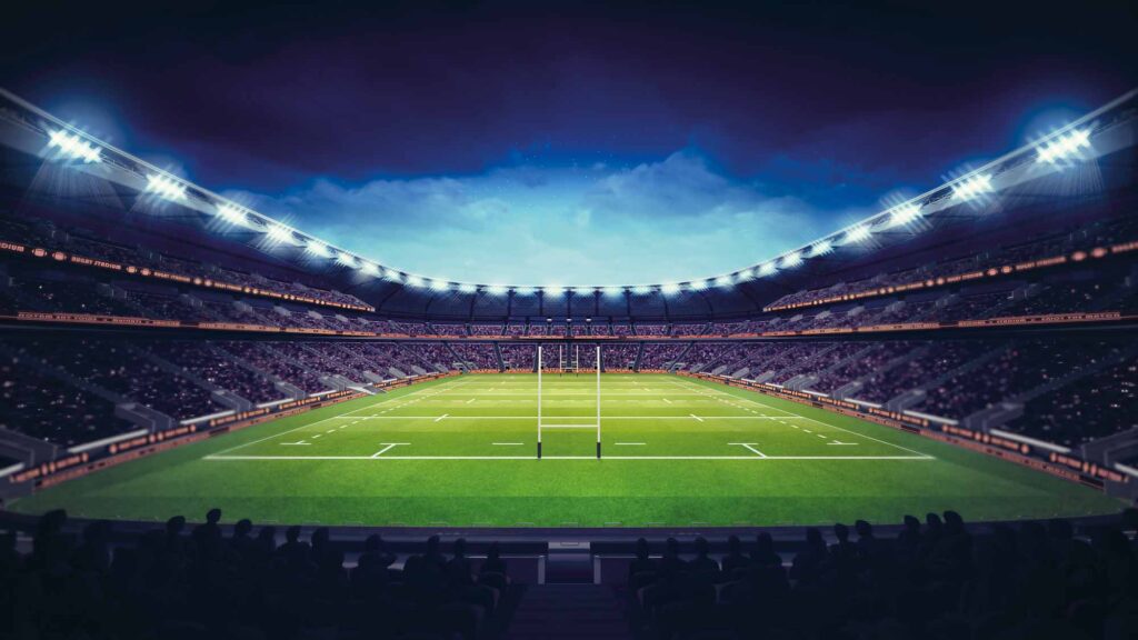Dynamic floodlit rugby pitch representing the Rugby World Cup